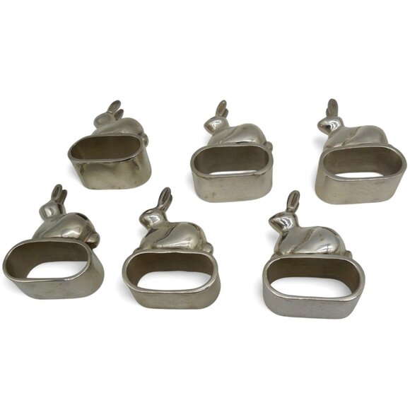 Bunny Rabbit NAPKIN HOLDER Ring Set of 6 Heavy Silver Tone Metal - Picture 8 of 11